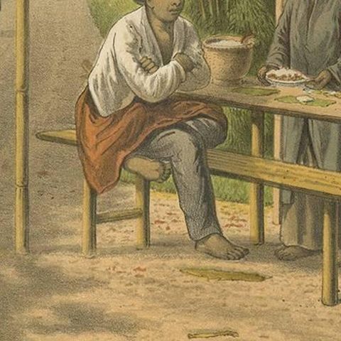 Antique Print of a Warung with Native People by M.T.H. Perelaer, 1888, close-up 2