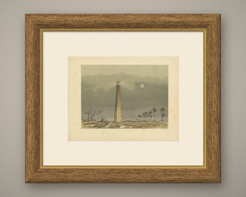 Antique Print of a Lighthouse in the Sunda Strait by M.T.H. Perelaer, 1888, shown framed
