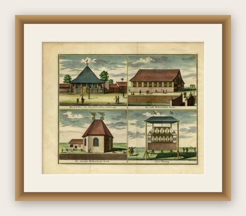 Antique Print with Four Views of Ambon, Indonesia, 1726, shown framed