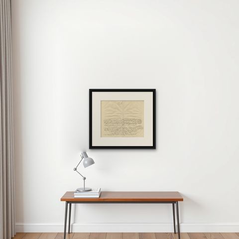 Antique Engraving of a Letter Written by the King of Batjan, Moluccas, 1726, shown framed on a wall, true to size