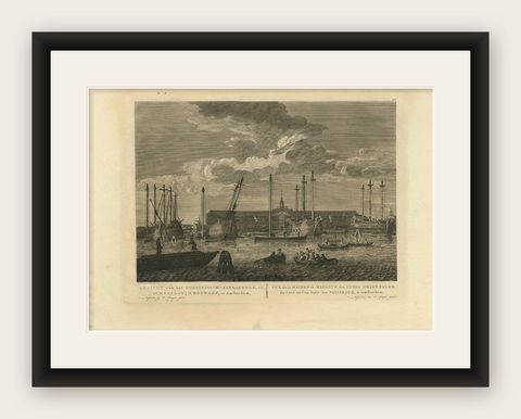 Antique Print of the 'Oostindisch-Zeemagazyn' in Amsterdam by H.P. Schouten, shown framed