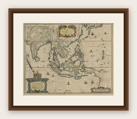 Original Antique Hand-Colored Map of The East Indies and Southeast Asia, c.1644, shown framed