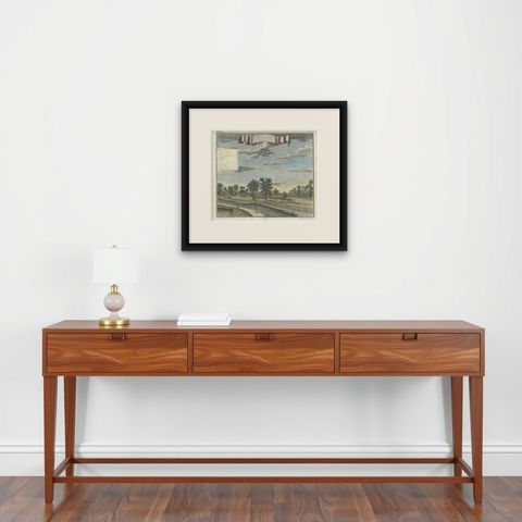 Old Antique Print of Fort Noordwijk, Batavia 'Jakarta, Indonesia', 1739, shown framed on a wall, true to size