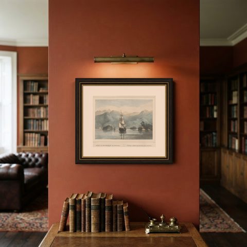 Antique Print of a Ship Near the Coast of Sumatra, Indonesia, c.1845, shown framed on a wall, true to size