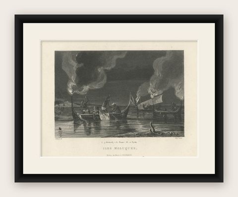 Antique Print of Night Fishing Near Ternate, Indonesia, Maluku Islands, shown framed