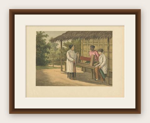 Antique Print of a Native Girl Weaving in Buitenzorg 'Java, Indonesia', shown framed