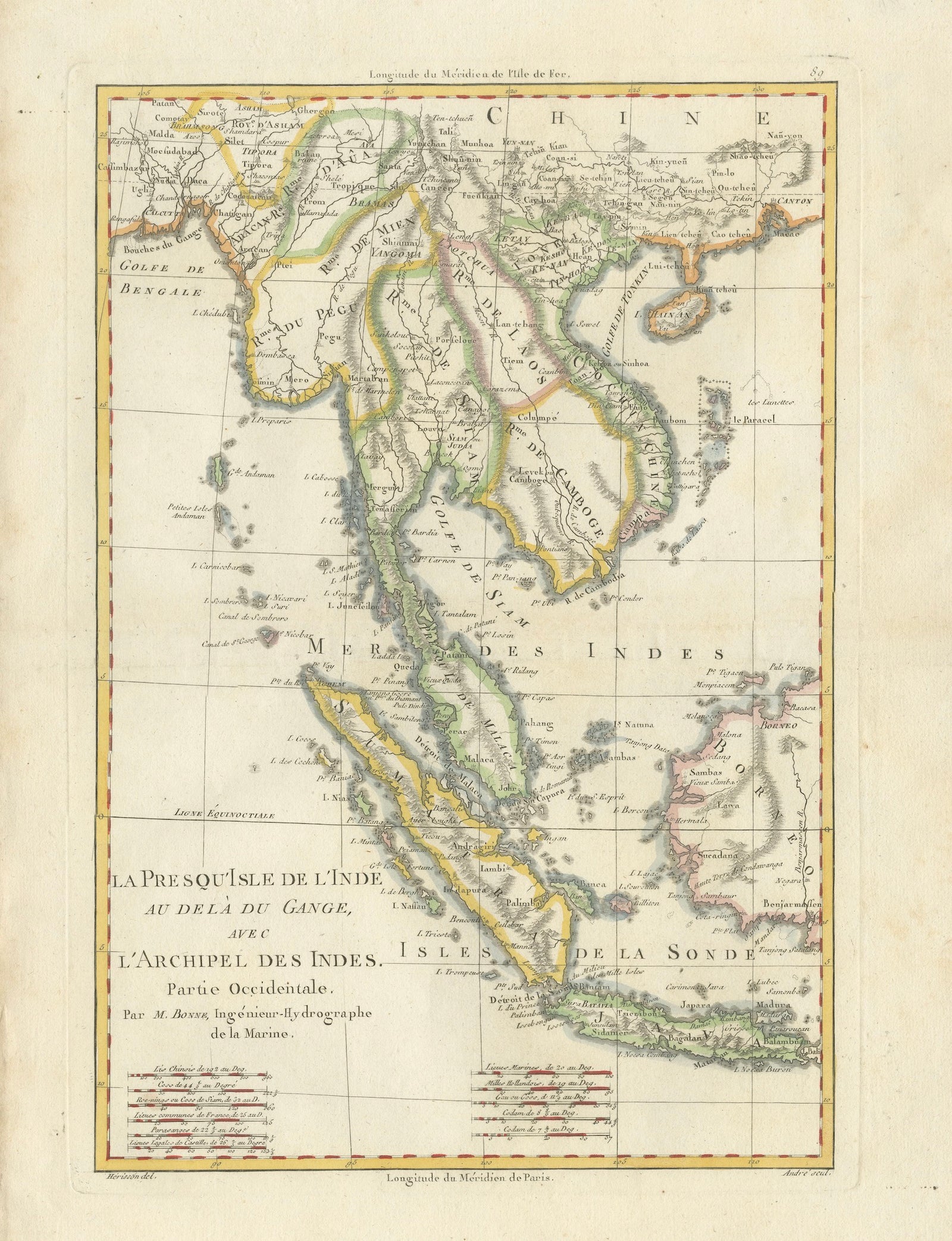Elegant 18th Century Map of Southeast Asia, Siam, Sumatra & Java by Bonne, 1787