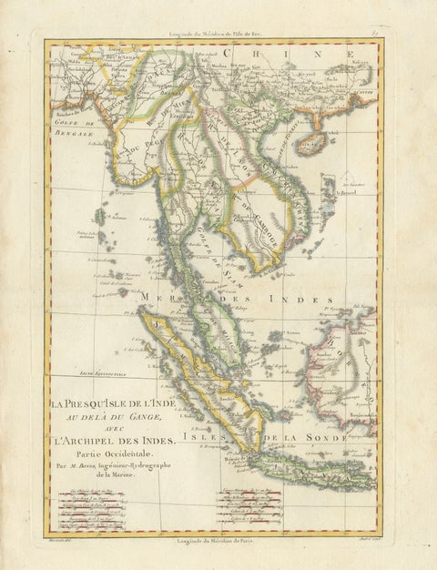 Elegant 18th Century Map of Southeast Asia, Siam, Sumatra & Java by Bonne, 1787