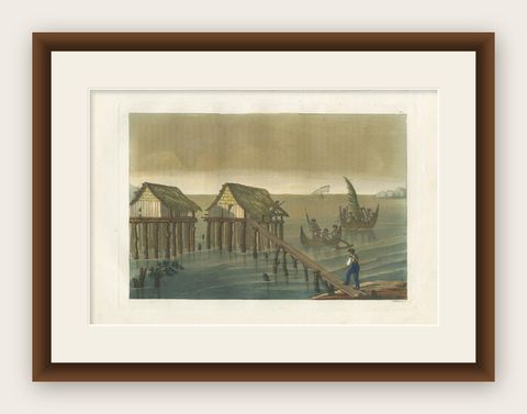 Antique Print of Papuan Houses by Ferrario, '1831', shown framed
