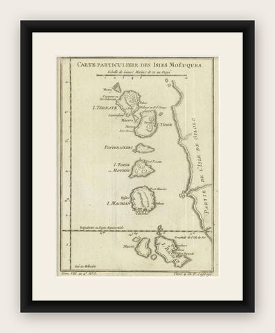 Antique Map of the Moluccas (Maluku Islands), Indonesia, Bellin, 18th Century, shown framed