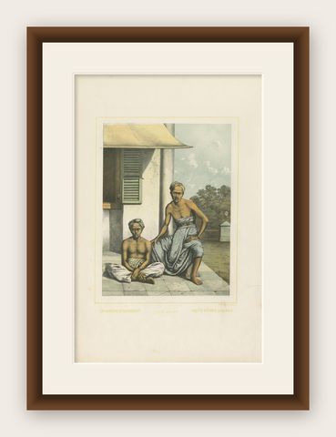 Antique Print of Javanese Stableboys by Van Pers, circa 1850, shown framed