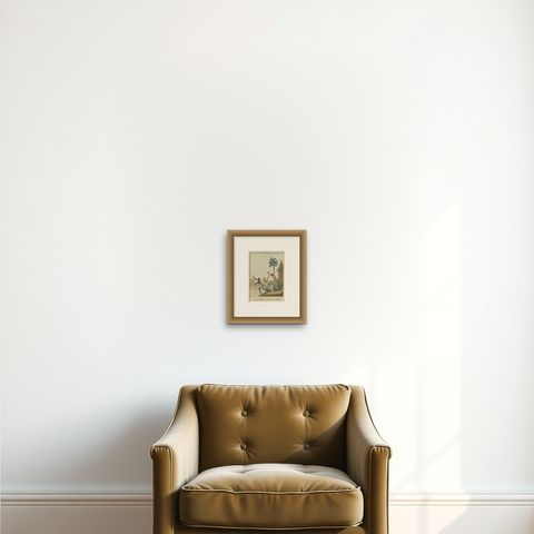 Antique Print of a Domestic Scene on Java, Indonesia, c.1840, shown framed on a wall, true to size