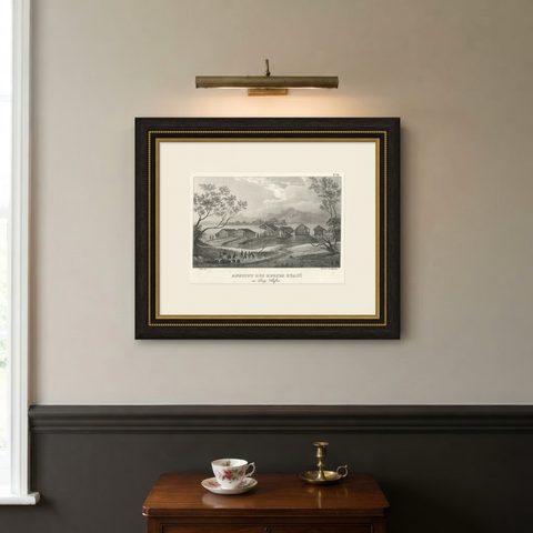 Original Lithograph with a Scene of a Village and Harbour in New Guinea, c.1836, shown framed on a wall, true to size