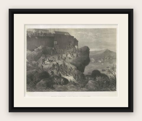 Rare Old Lithograph of the Assault of a Fort in Borneo, Indonesia, ca.1850, shown framed