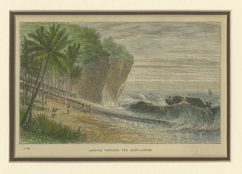 Landing Through the Surf, Ceram, late 19th-century hand-colored wood engraving, close-up 4