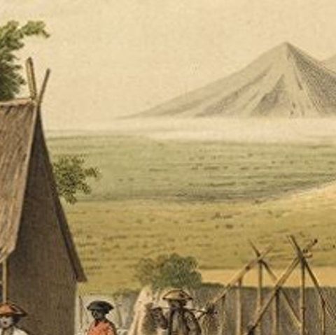 Old Print of the Cipancar River and Pantjar Volcano on Java Island, Indonesia, close-up 2