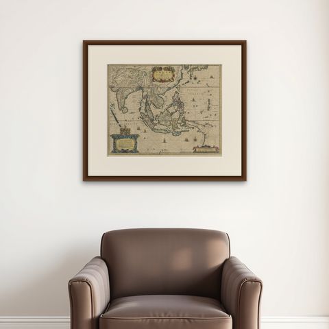 Original Antique Hand-Colored Map of The East Indies and Southeast Asia, c.1644, shown framed on a wall, true to size