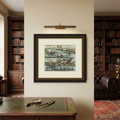 Decorative Engraving of VOC Battle Ships Attacking Palembang in Sumatra, ca.1700, shown framed on a wall, true to size