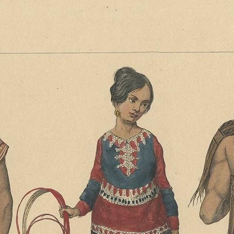 Print with Clothes and Utensils of Borneo 'Indonesia' by Temminck, circa 1840, close-up 1