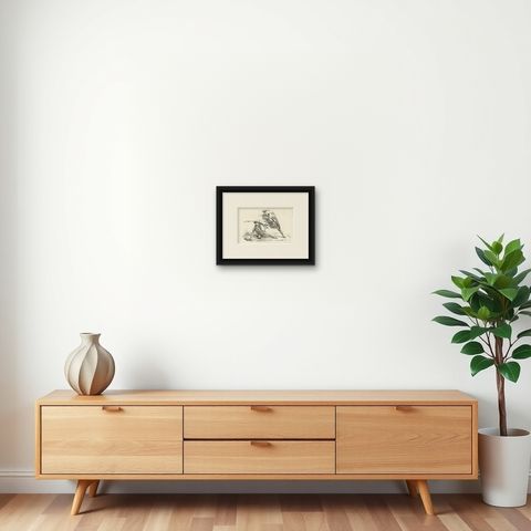 Antique Print of Two Warriors of Ombai Island, shown framed on a wall, true to size