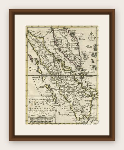 Authentic Old Map of Sumatra, Malaysia and Singapore, 1745, shown framed