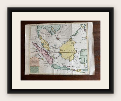 Original Map of the East Indies Including Sumatra, Java, Borneo & Malaysia, 1755, shown framed