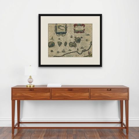 Decorative Map of the Spice Islands in the Mollucas, Indonesia, ca.1640, shown framed on a wall, true to size