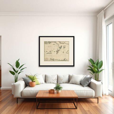 Old Antique Map of the Banda Islands (Southeast), Indonesia & Northern Australia, shown framed in a room, true to size