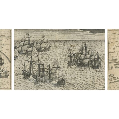 Dutch Fleet and Fortified Port City of Bantam, from History of Amsterdam, 1611, close-up 4