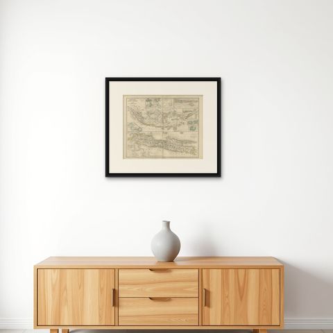 Netherlands East Indies Map with Java Inset, Nieuwe Hand-Atlas, 1876, shown framed on a wall, true to size