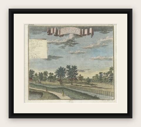 Old Antique Print of Fort Noordwijk, Batavia 'Jakarta, Indonesia', 1739, shown framed