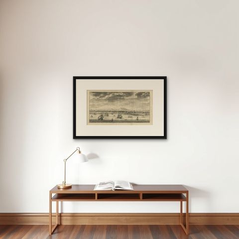 Antique Print of Batavia (Jakarta) in the Dutch East Indies, 1726, shown framed on a wall, true to size
