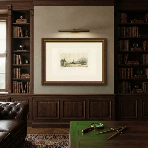 Antique Print of the Port of Ambon by D'Urville, circa 1850, shown framed on a wall, true to size