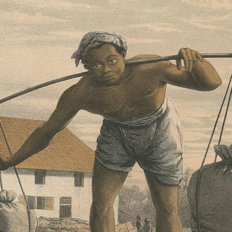 Antique Print of an Indonesian Coal Miner by Van Pers, circa 1850, close-up 1