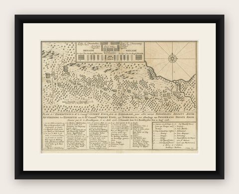 Antique Print of the Expedition of Govert Knol from Surabaya to Pangerang, 1750, shown framed