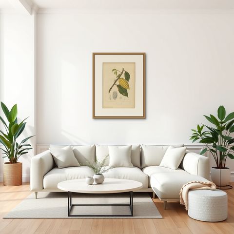Antique White Cacao Botanical Chromolithograph by Hoola van Nooten, c. 1880, shown framed in a room, true to size