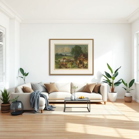 Antique Print 'Schoolplate' of a Rice Field by F.E. Wachsmuth, circa 1900, shown framed in a room, true to size