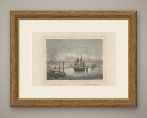 Old Print of Ships near Anyer & Krakatoa in the Sunda Straits, Indonesia, 1844, shown framed