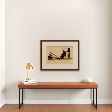 Print of Timorese Ladies Playing Harp & Drinking Tea in Kupang, Indonesia, 1825, shown framed on a wall, true to size