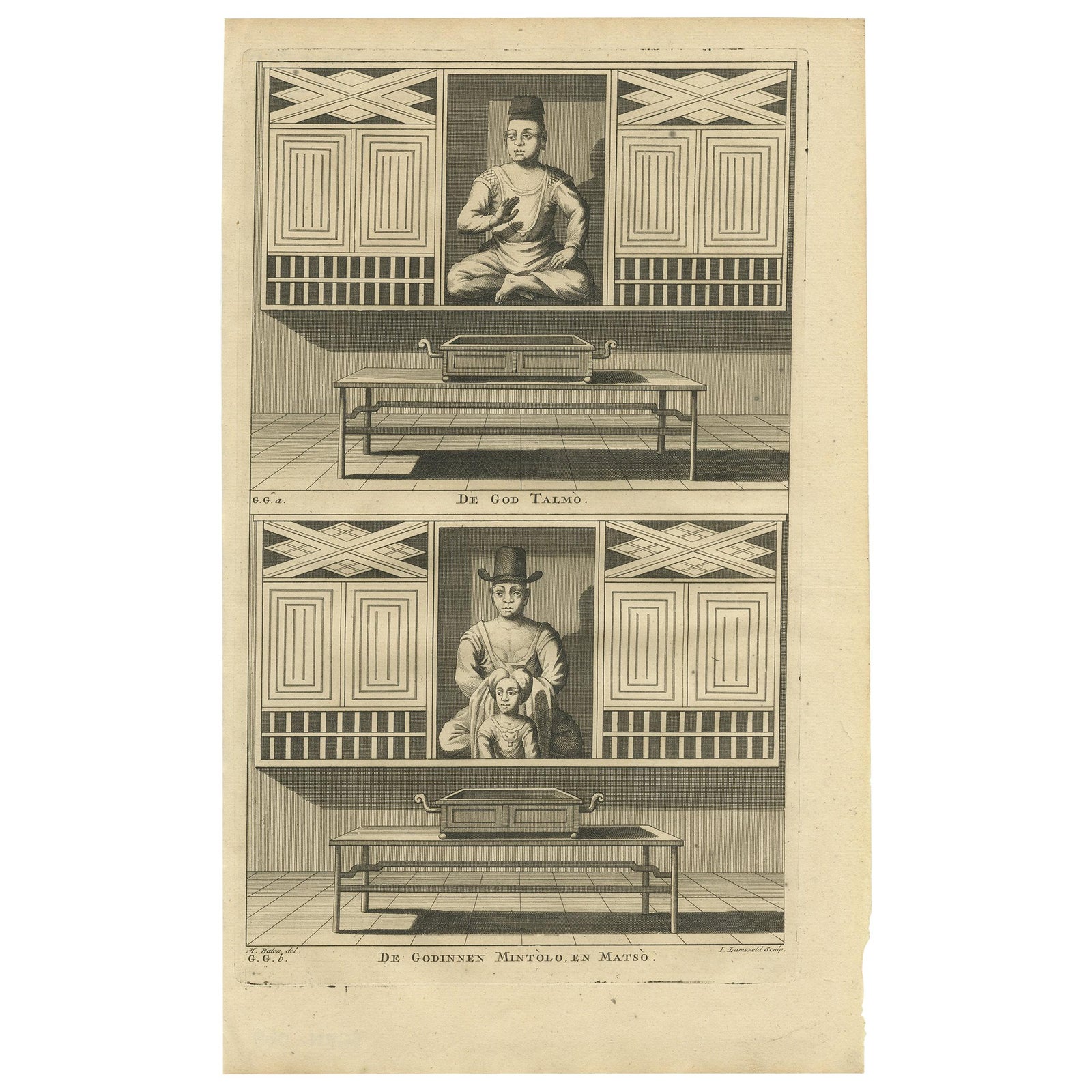Antique Print of God Talmo and Goddesses Mintolo & Matso by Valentijn, 1726