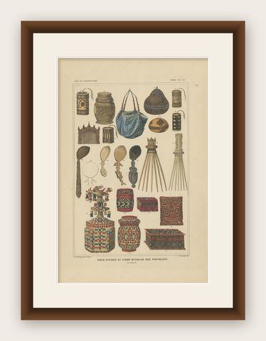 Set of 7 Decorative Antique Prints of Borneo, Timor and Papua Culture, ca. 1840, shown framed