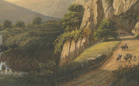 Mountain Road and Waterfall in the Tengger Range, Java Lithograph, circa 1872, close-up 1