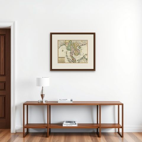 Antique Map of Indochina, the Malaysian Peninsula and Northern Sumatra, shown framed on a wall, true to size