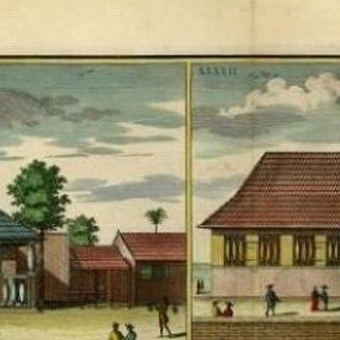 Antique Print with Four Views of Ambon, Indonesia, 1726, close-up 1