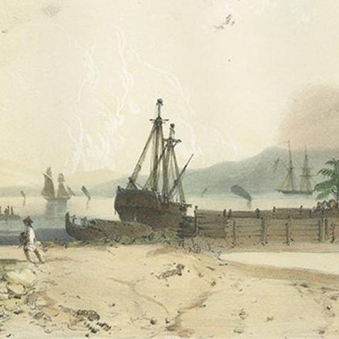 Antique Print of the Port of Ambon by D'Urville, circa 1850, close-up 2