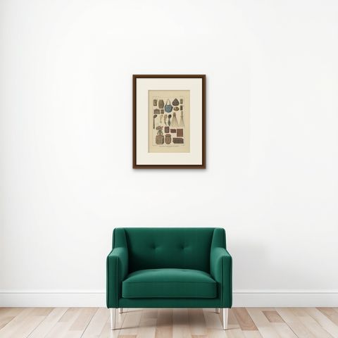 Set of 7 Decorative Antique Prints of Borneo, Timor and Papua Culture, ca. 1840, shown framed on a wall, true to size