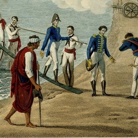 Print of the French Disembark at the Portugese Settlement of Dille, Timor, 1825, close-up 3
