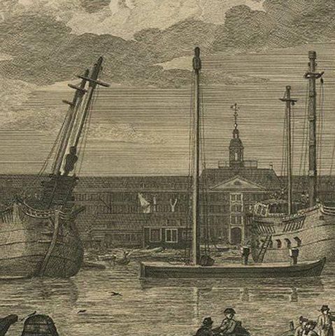 Antique Print of the 'Oostindisch-Zeemagazyn' in Amsterdam by H.P. Schouten, close-up 2