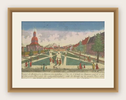 Old Print of the Town Hall of Batavia 'Jakarta' in the Dutch East Indies, 1770, shown framed
