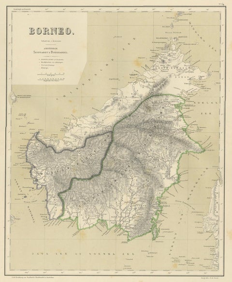 Rare Antique Map of Borneo (Kalimantan), Dutch East Indies Colonial Era, 1884, close-up 1